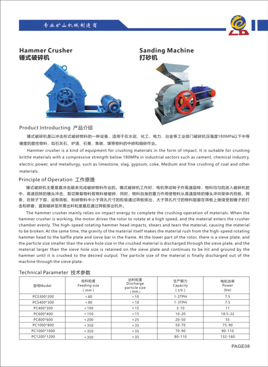Catalogue Longda: Hammer Crusher / Sanding Machine, hình thiết bị và bảng thông số gốc