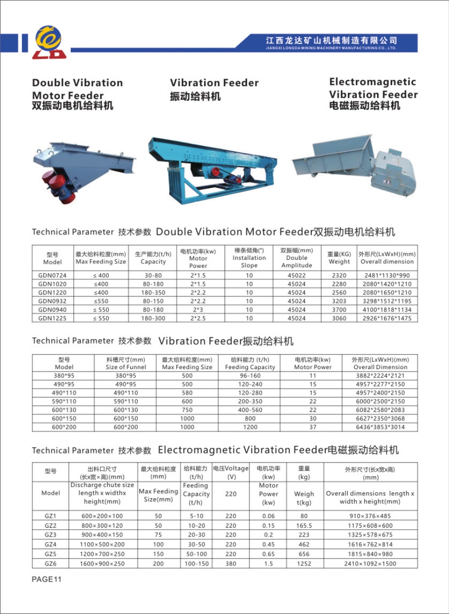 Catalogue Longda: Double Vibration Motor Feeder, hình thiết bị và bảng thông số gốc