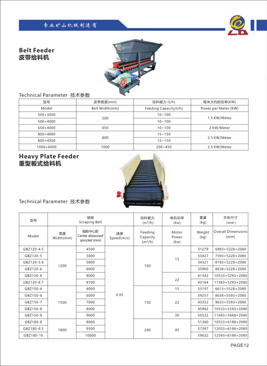 Catalogue Longda: Belt Feeder, hình thiết bị và bảng thông số gốc