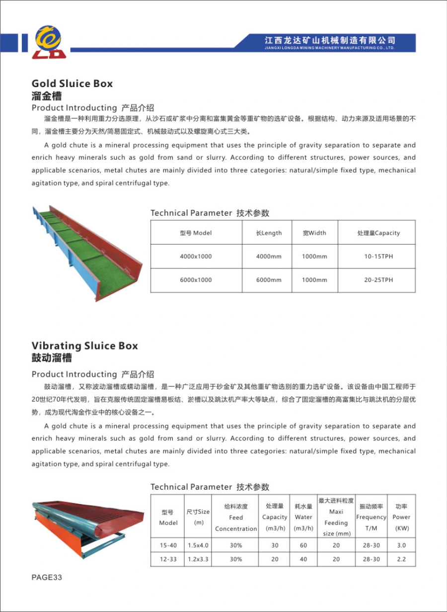 Catalogue Longda: Vibrating Sluice Box, hình thiết bị và bảng thông số gốc