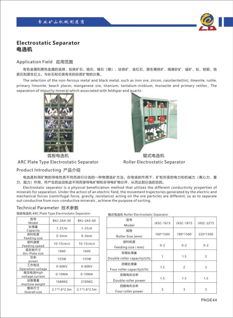 Catalogue Longda: Roller Electrostatic Separator, hình thiết bị và bảng thông số gốc