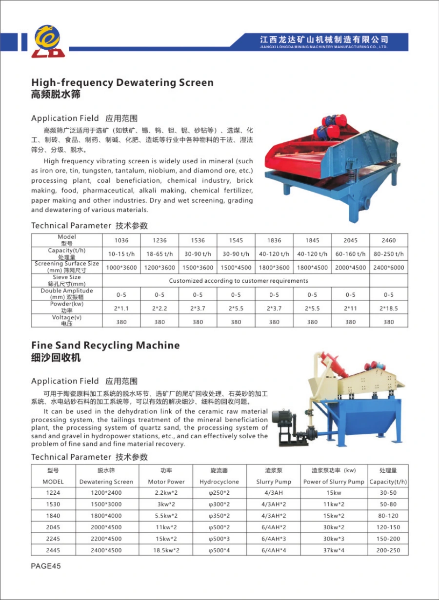 Catalogue Longda: Fine Sand Recycling Machine, hình thiết bị và bảng thông số gốc