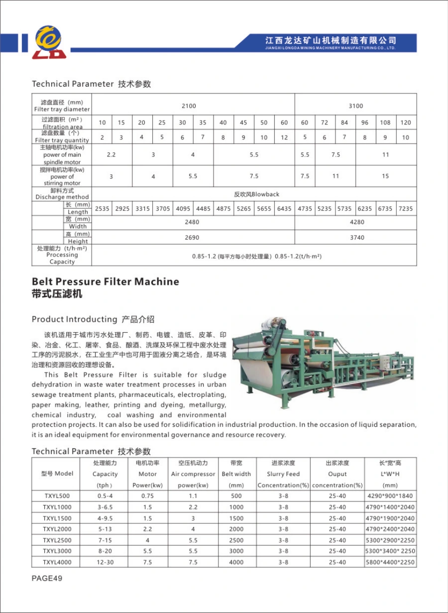Catalogue Longda: Belt Pressure Filter Machine, hình thiết bị và bảng thông số gốc