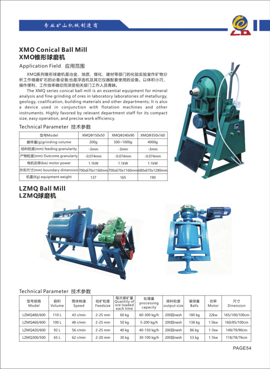 Catalogue Longda: XMQ Conical Ball Mill, hình thiết bị và bảng thông số gốc
