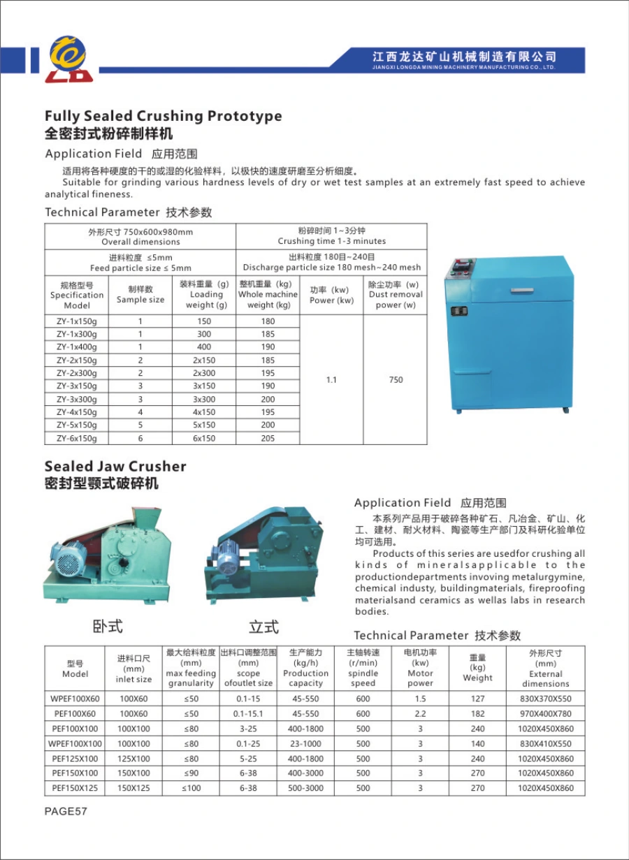 Catalogue Longda: Fully Sealed Crushing Prototype, hình thiết bị và bảng thông số gốc